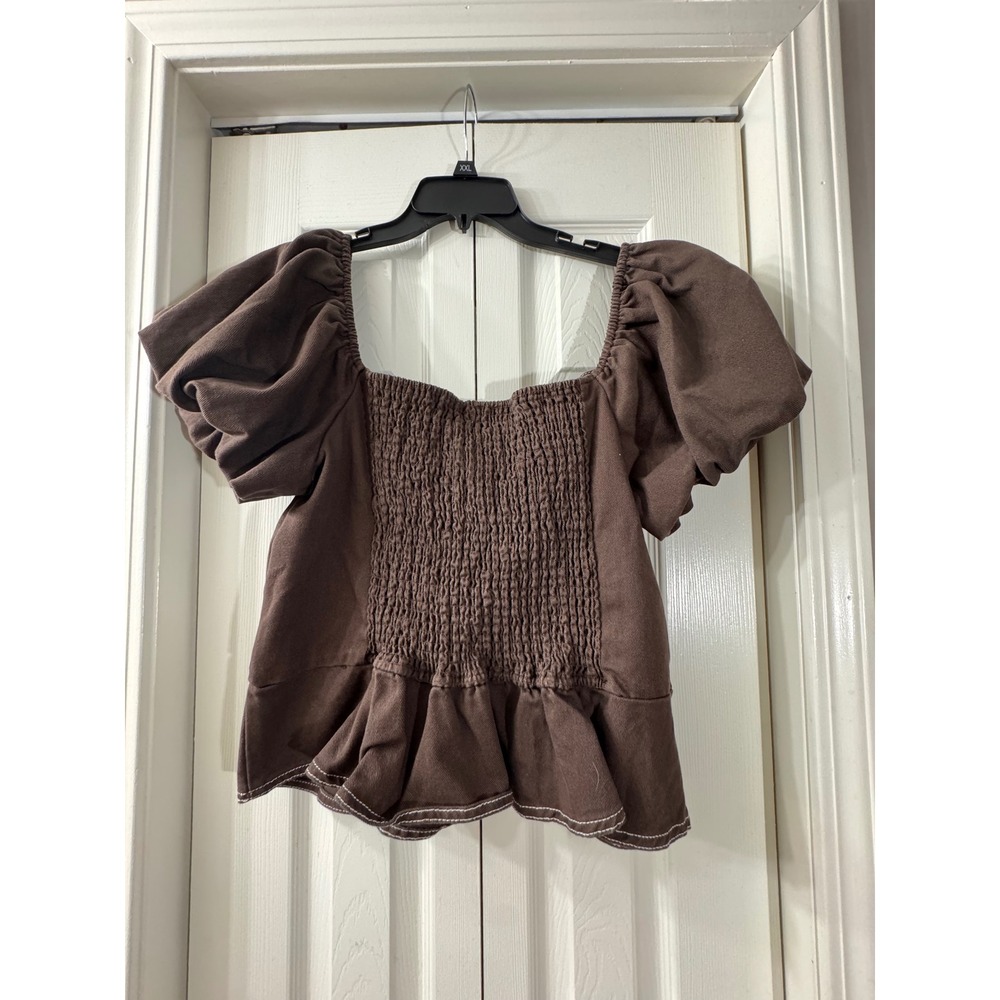 GB Brown Puff Sleeve Peplum Top Contrast Stitch Western Smocked XXL NWT - Picture 2 of 7
